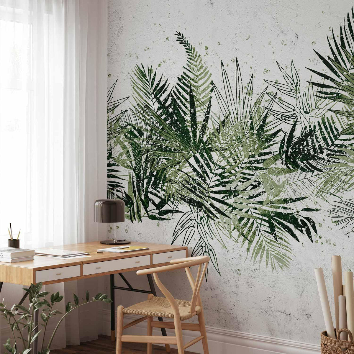 Fototapete - Jungle and green plume - large tropical leaves on a white background