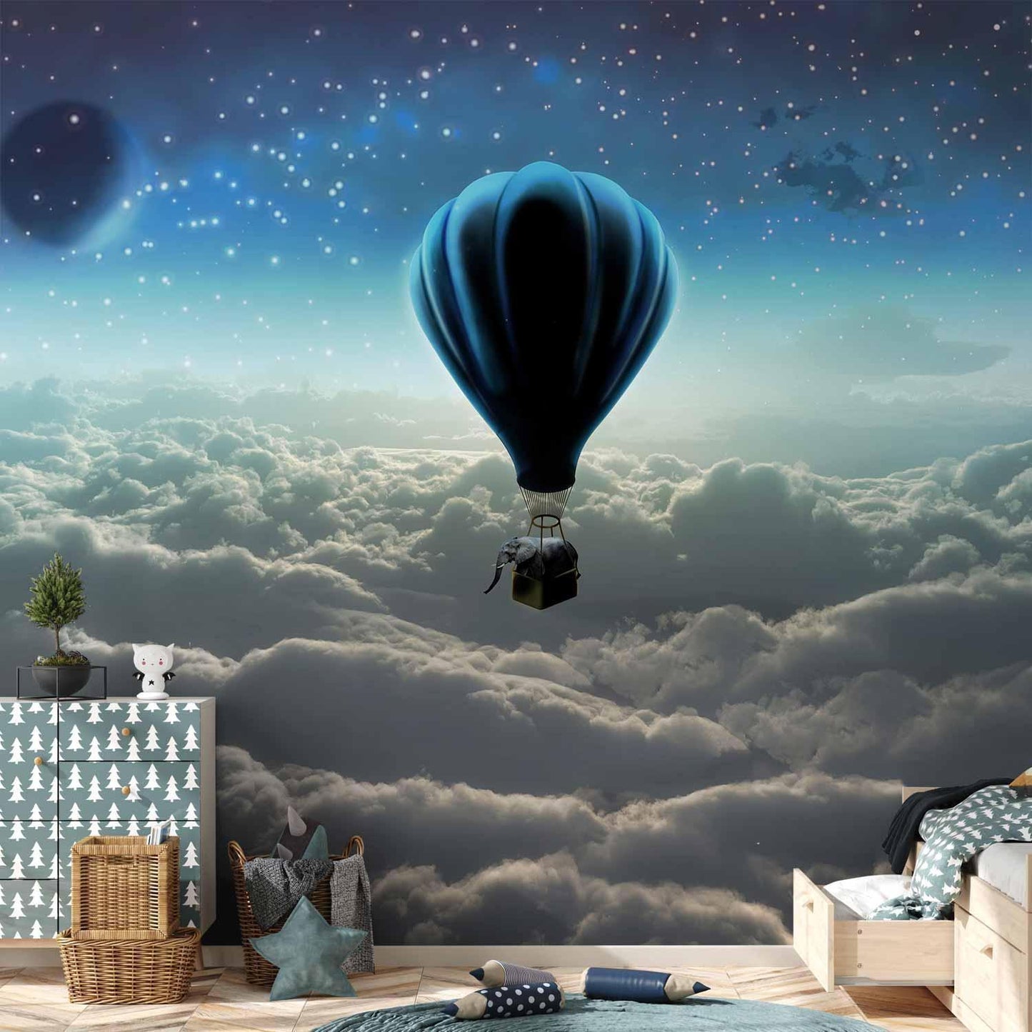 Fototapete „Sternenfahrt“ – Ballonreise mit Elefant über den Wolken