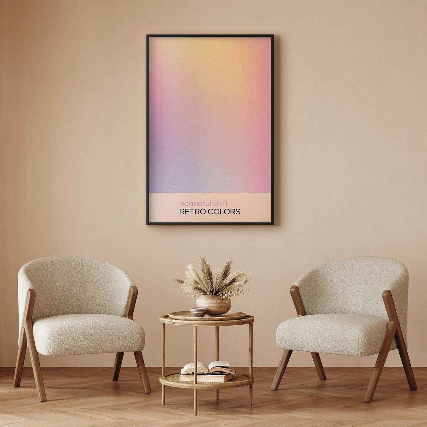 Minimalist room with framed pastel gradient poster labeled "Peaceful Drift Retro Colors" on wall.