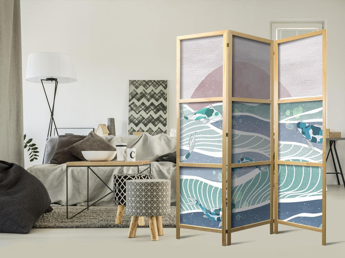 Japanischer Paravent - Koi Fish Among Waves - Japanese Fish Amidst Waves in Shades of Turquoise and White