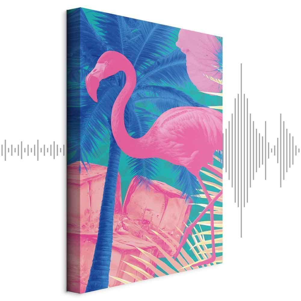 Leinwandbild - Pink Flamingo - Abstract Flamingo Against Palms and Ice Cubes