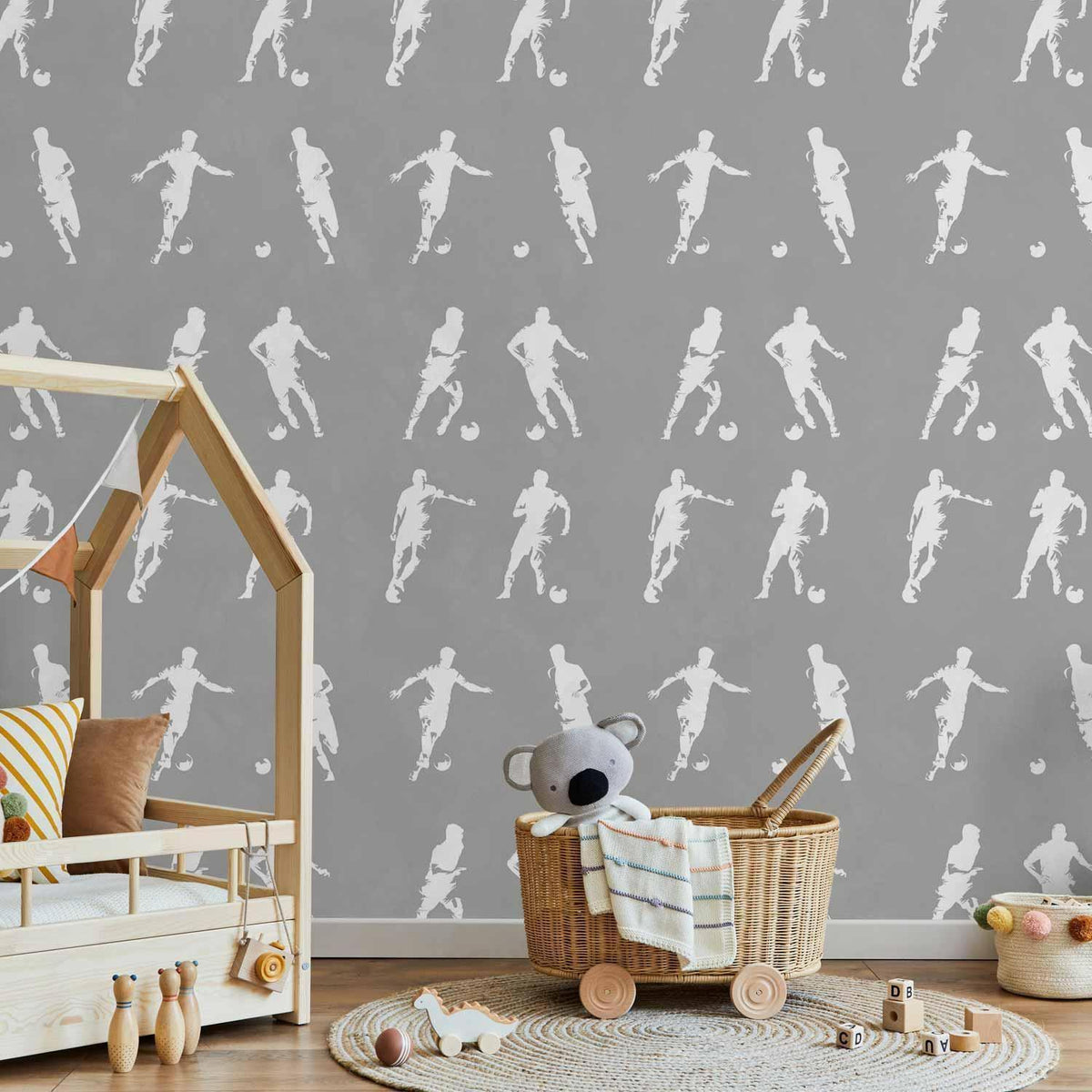 Tapete - Sports Silhouettes - Dynamic figures of soccer players on a gray background