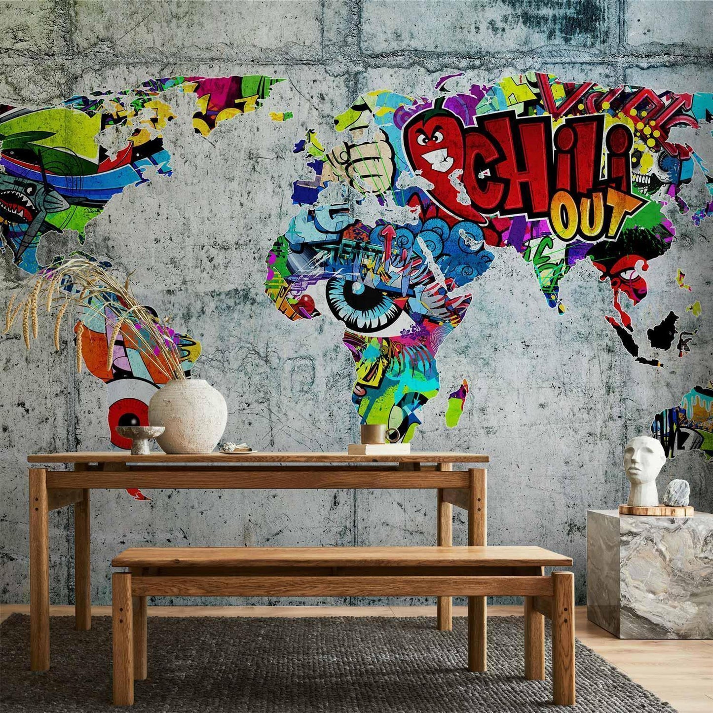 Farbenfrohe Vlies-Fototapete „Map Graffiti“ für Wohnzimmer oder Büro