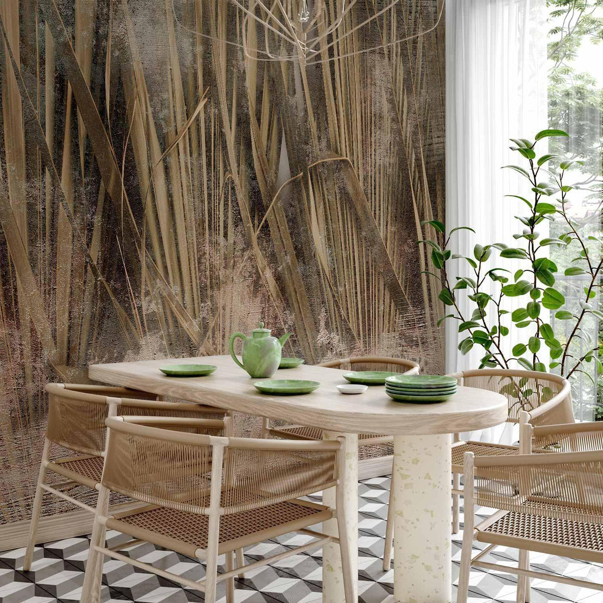 Fototapete - Dry leaves - landscape of tall grasses in boho style with paint patterns