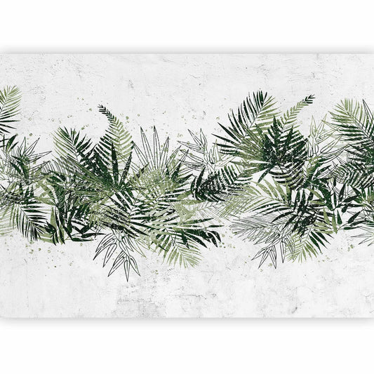 Fototapete - Jungle and green plume - large tropical leaves on a white background
