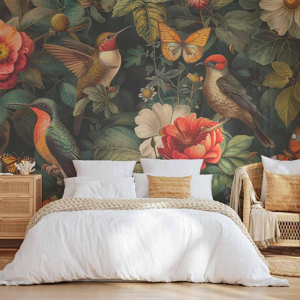 Fototapete Blumen und Vögel - Vintage Illustration mit Schmetterlingen