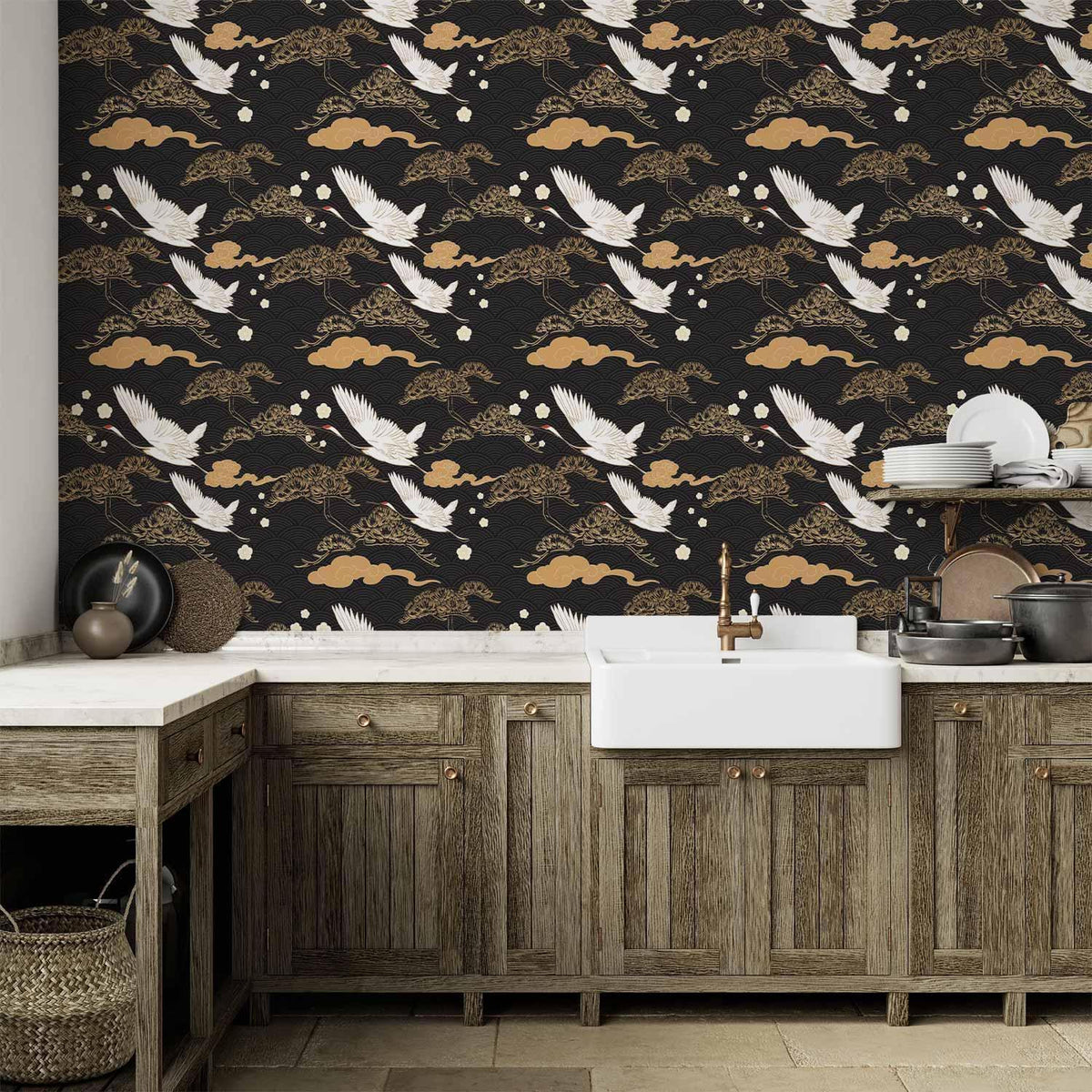 Tapete - Oriental impressions - decorative pattern with a motif of flying cranes on a dark background