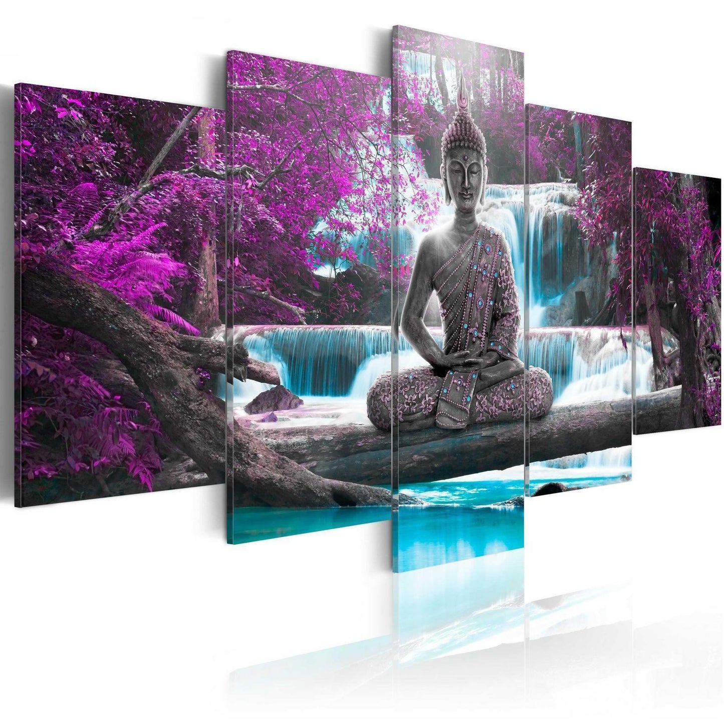Leinwandbild „Wasserfall und Buddha“ – Zen-Moment für dein Zuhause