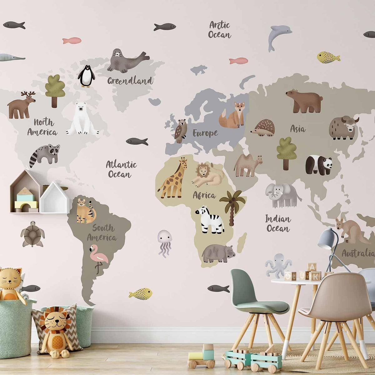 Fototapete Pastellkarte Tiere & Kontinente – Lehrreiche Weltkarte für Kinderzimmer