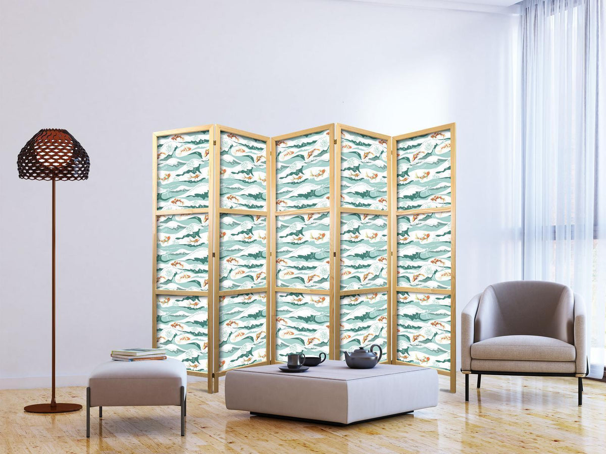 Japanischer Paravent - Fish Jumping Over Waves - Oriental Fish and Water Lilies Among High Waves in Shades of Sea Green