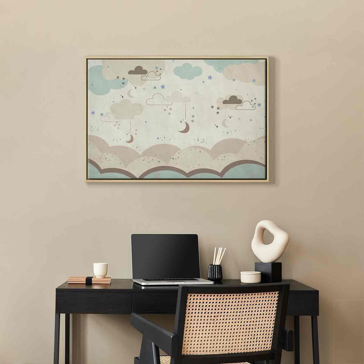 Leinwandbild - Cloudy Night Sky - Moons in Brown and Beige Hues Among Clouds and Numerous Little Stars on a Light Background