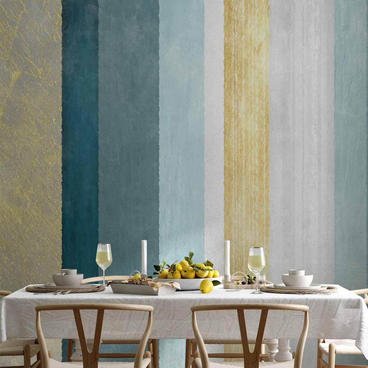 Fototapete - Striped pattern - abstract background in stripes in blue tones with gold pattern