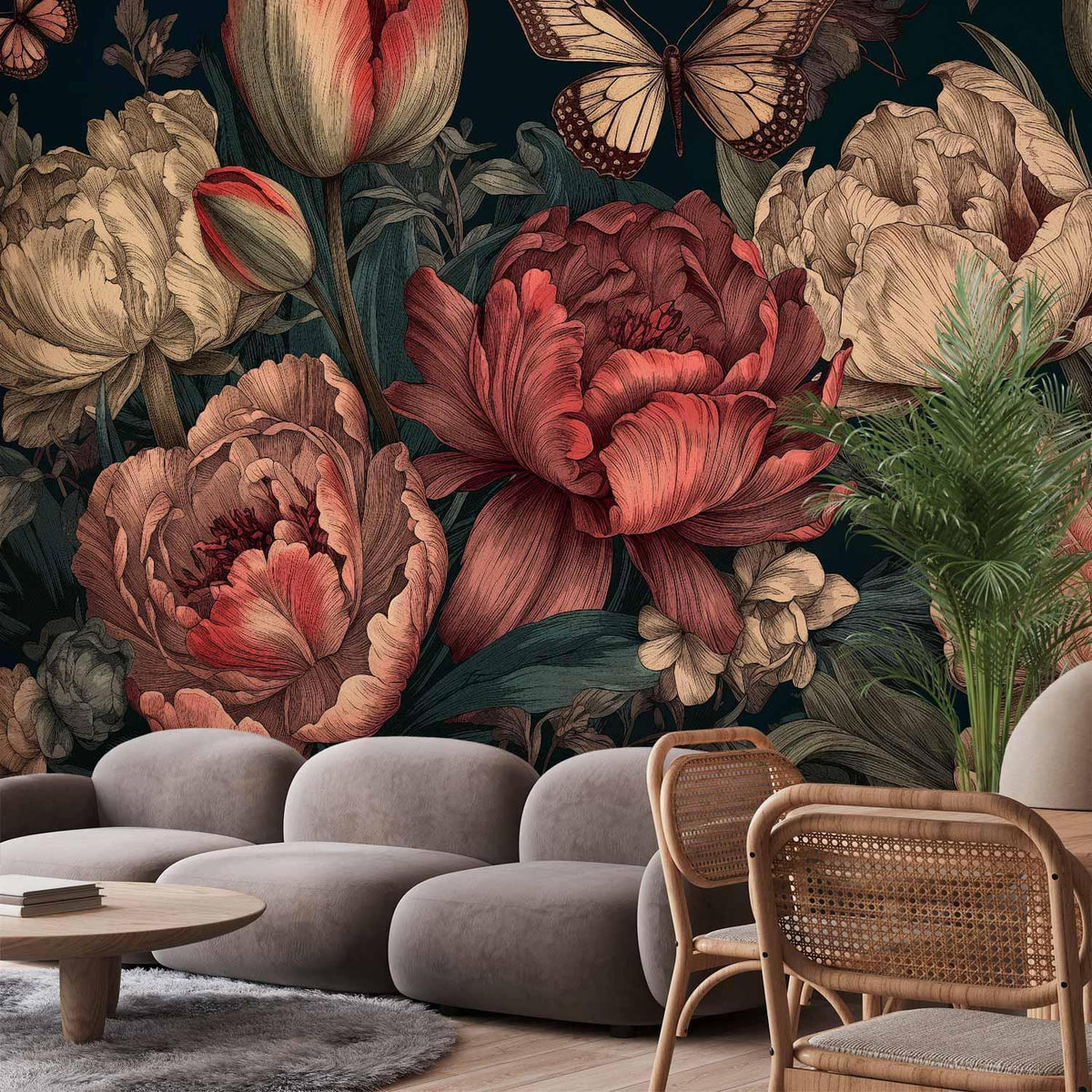 Fototapete Botanische Pracht – Pfingstrosen und Tulpen im Gravur-Stil