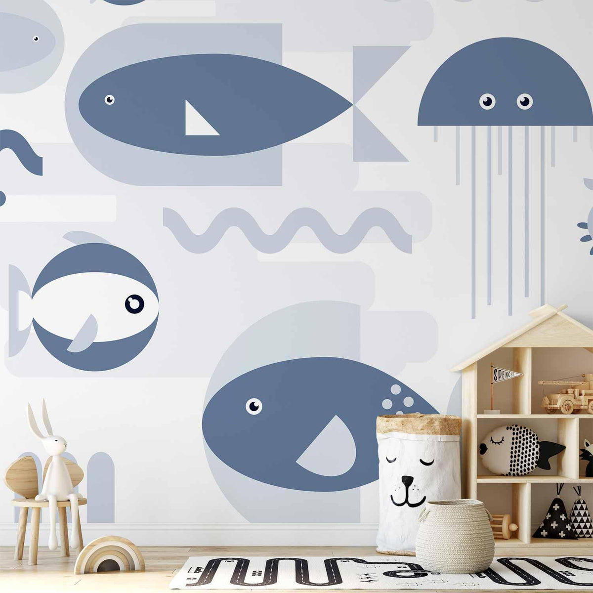 Fototapete - Minimalist ocean - geometric fish and crabs in water for kids