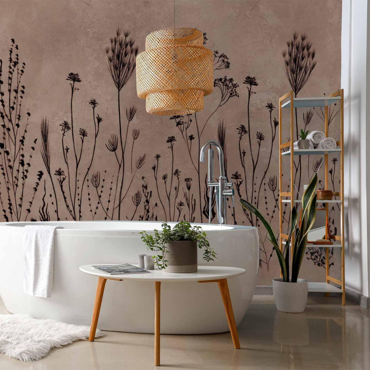 Fototapete Wildblumen – Botanische Silhouetten auf Hellbraun