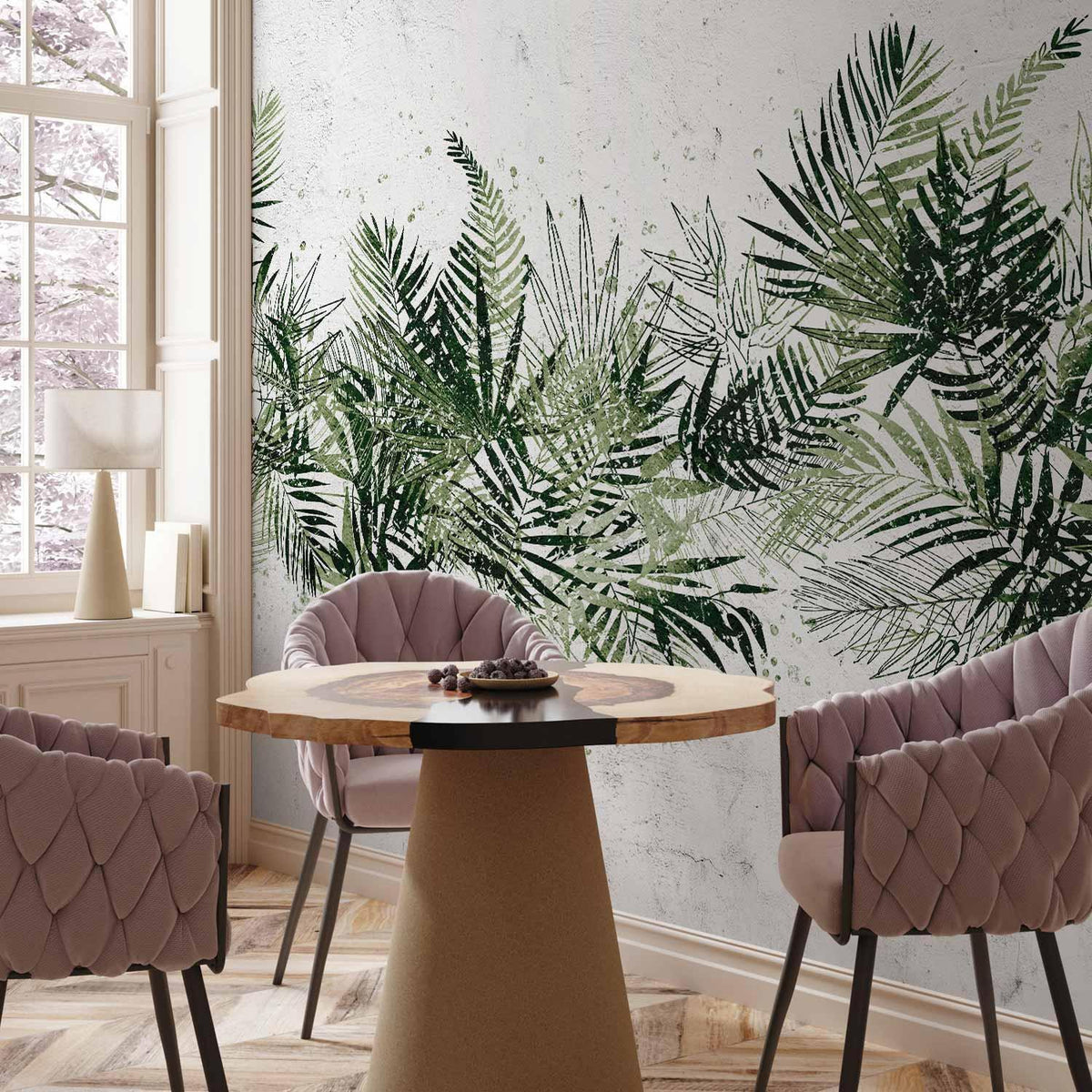 Fototapete - Jungle and green plume - large tropical leaves on a white background
