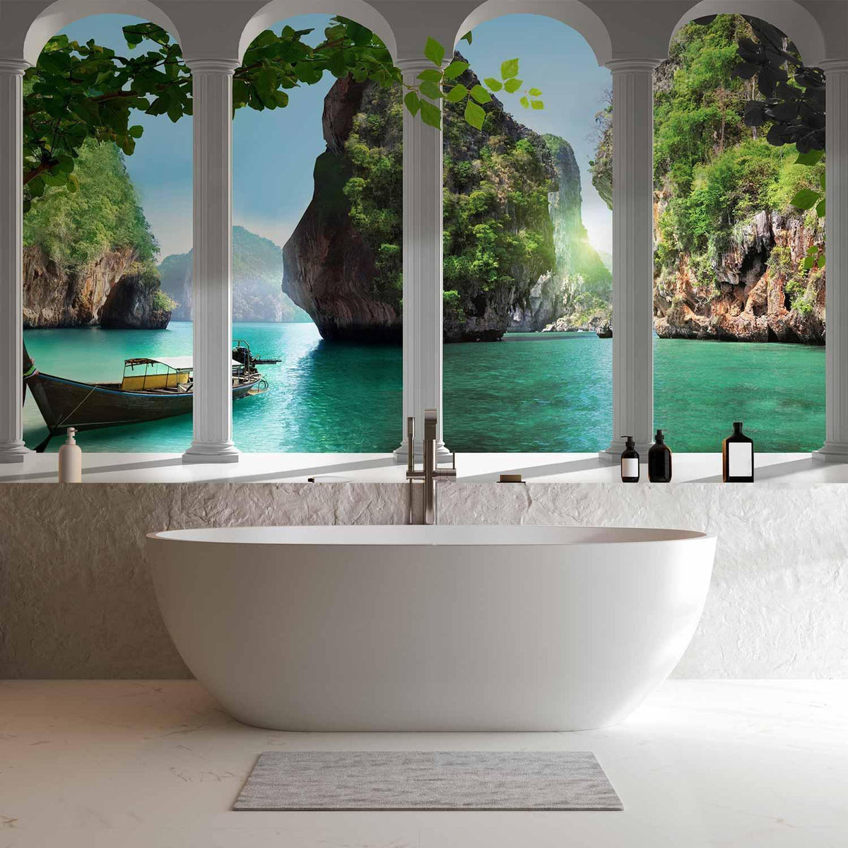 Fototapete Auf der Terrasse – Mediterrane Meerblick-Idylle mit Säulen
