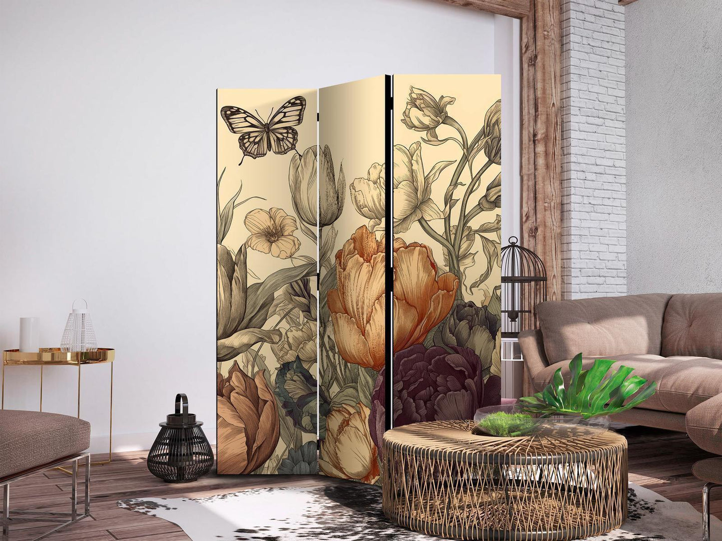 Paravent - Tulips in Cream - Illustration of Flowers and Butterflies on a Light Background Artgeist