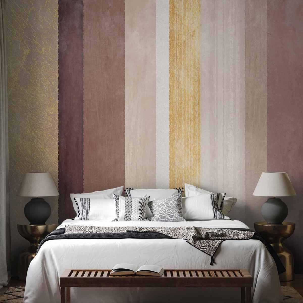 Fototapete - Striped pattern - abstract background in stripes of different colours with gold pattern