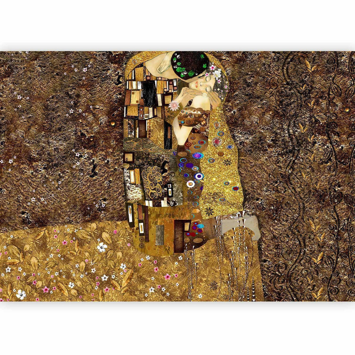Fototapete Goldener Kuss – Klimt-inspirierte Kunst mit Goldornamenten