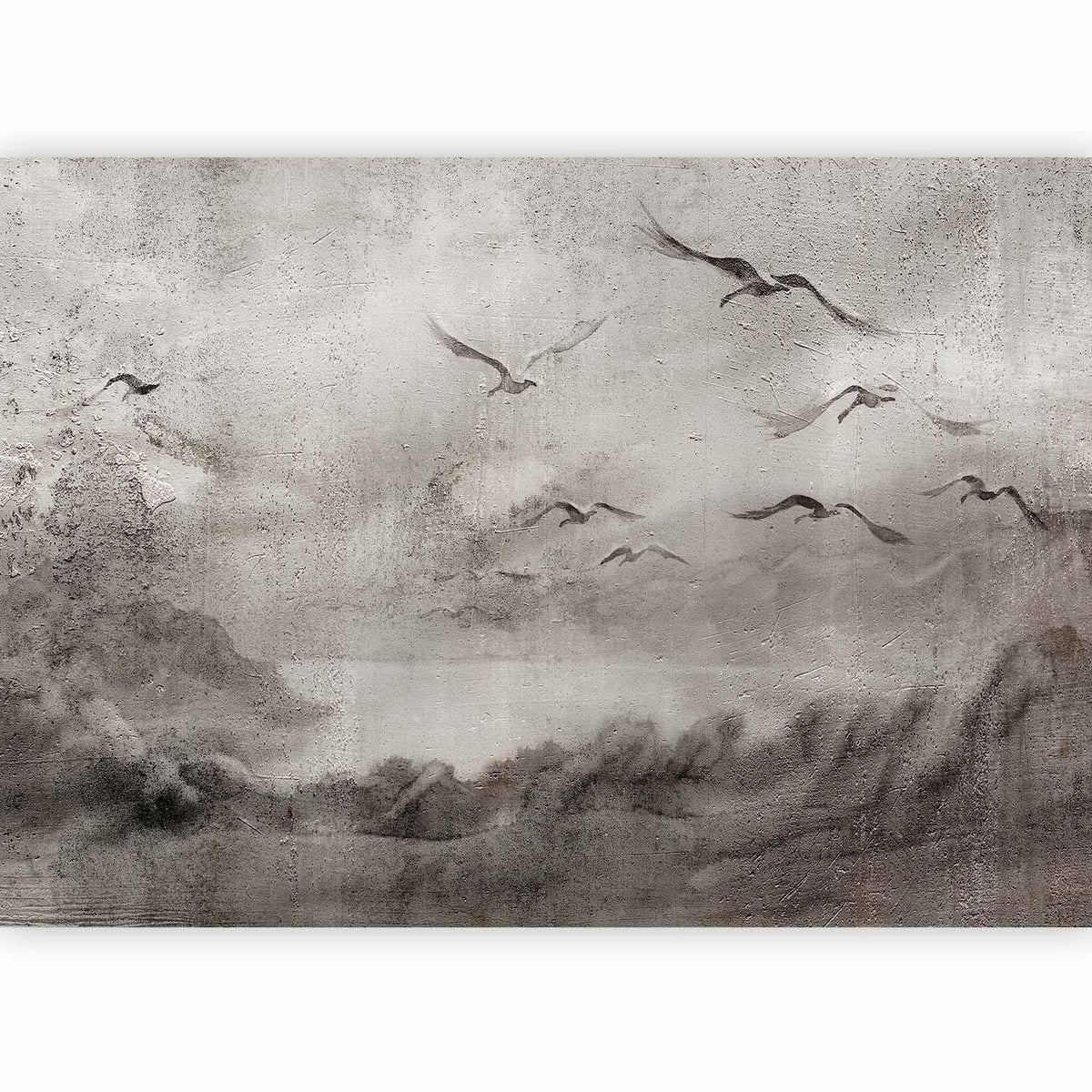 Fototapete - Swan flight - abstract landscape of birds over a lake with texture