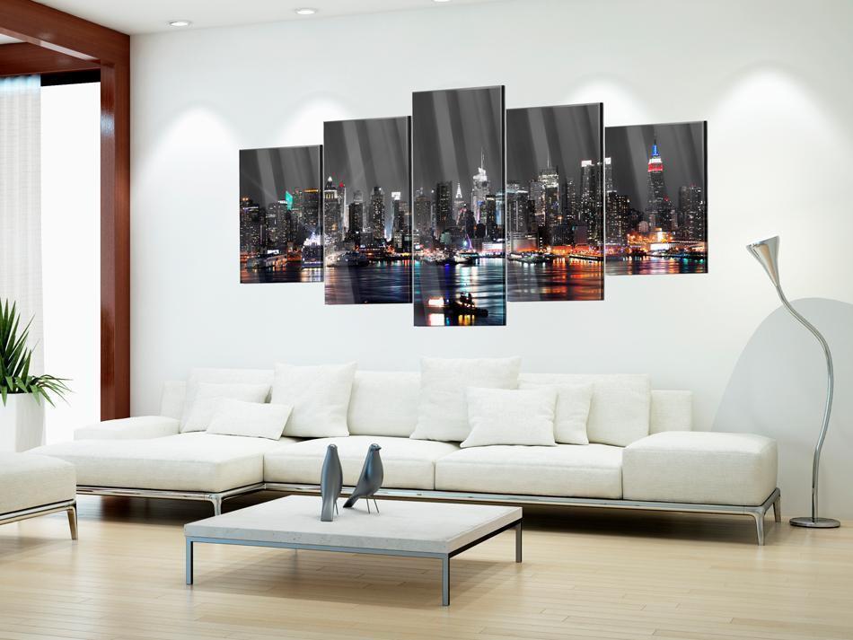 Wandbild Manhattan Skyline – 5-teiliges Acrylglasbild von New York bei Nacht