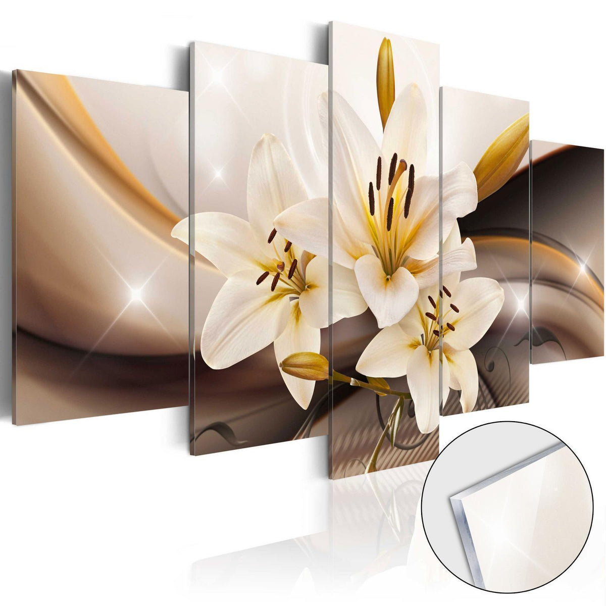 Wandbild Glänzende Lilie – 5-teiliges Acrylglasbild mit weißen Lilien