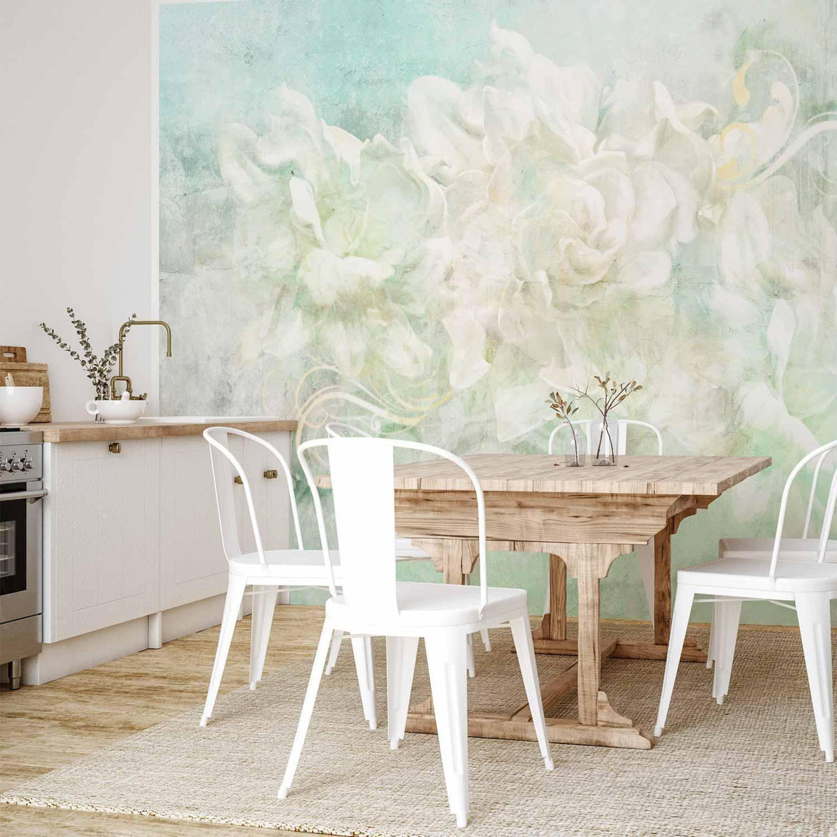 Fototapete - Blossoming among pastels - abstract with floral motif and patterns