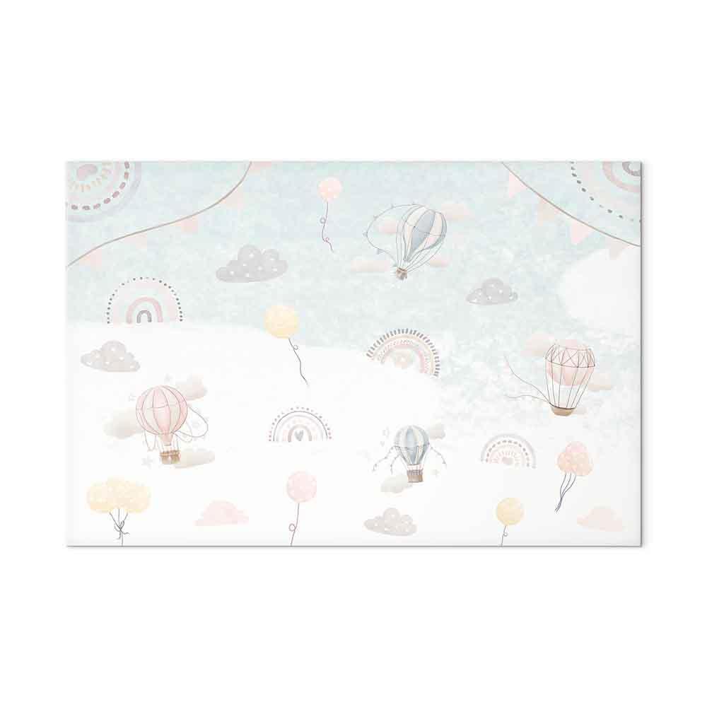 Leinwandbild - Sky with Balloons - Balloons in Subdued Colors Flying in the Sky Among Clouds Rainbows and Stars