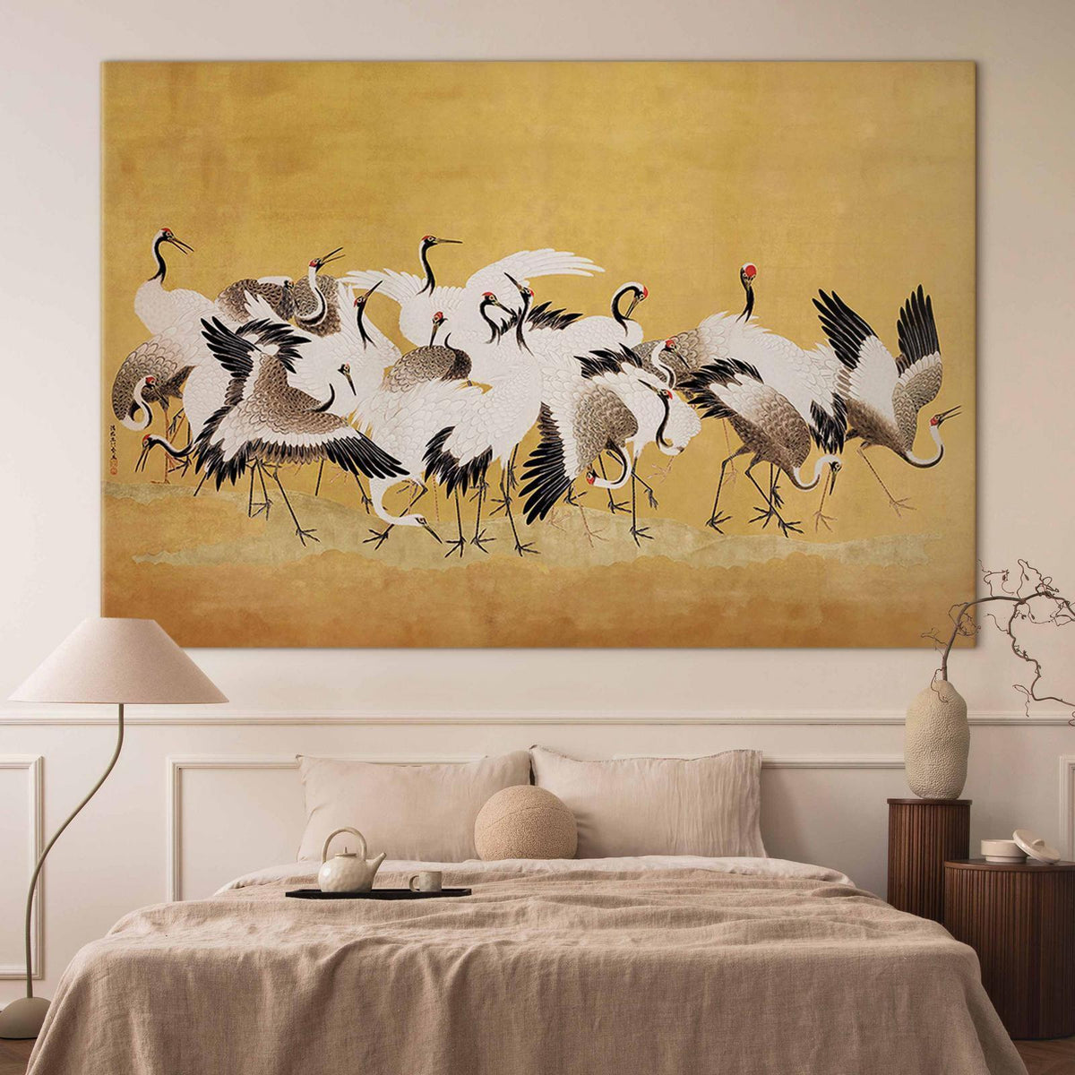 Wandbild XXL - Japanese cranes - a flock of birds against a golden background based on a painting by Ishida Yūtei