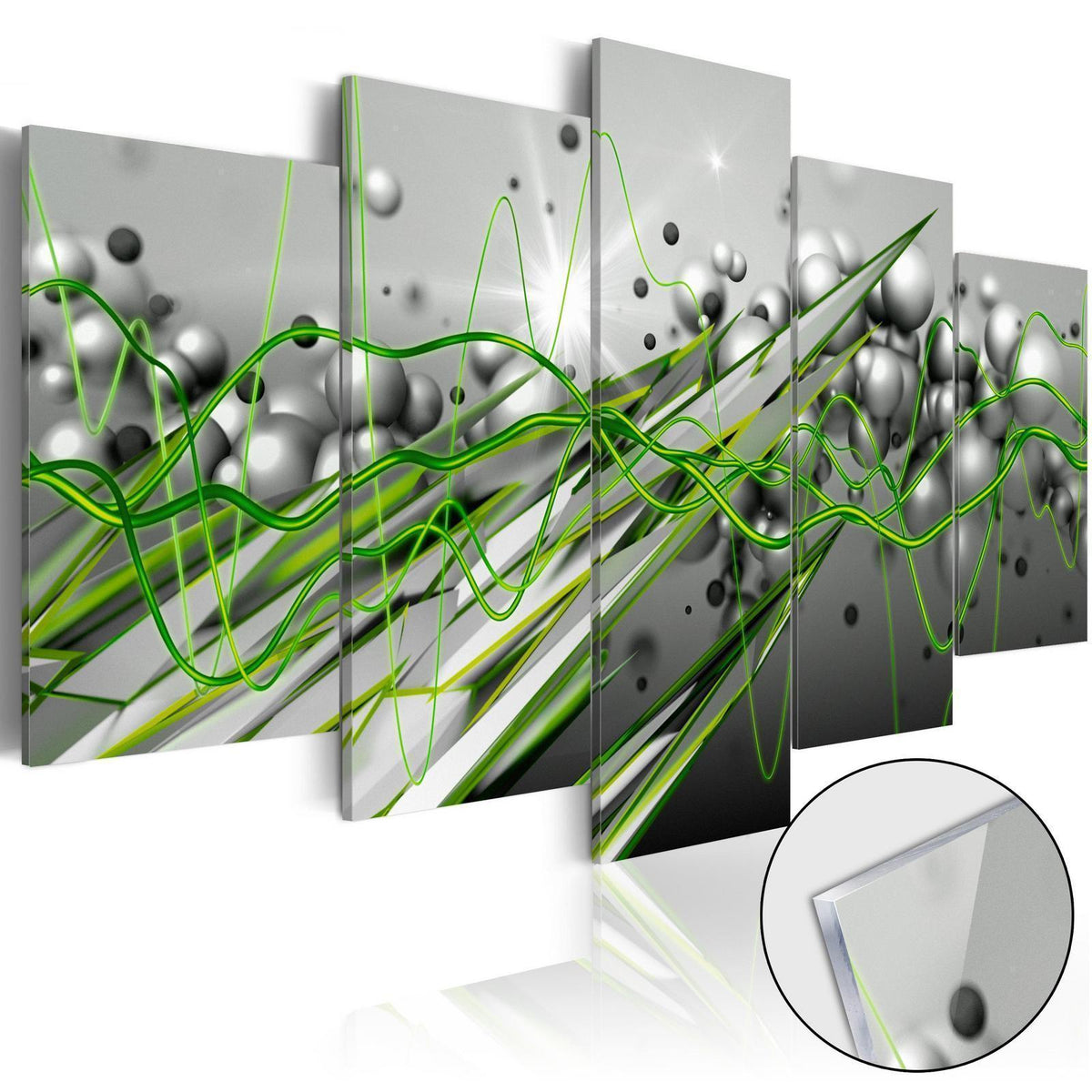 Wandbild Grüner Rhythmus – 5-teiliges Acrylglasbild in Grün und Silber