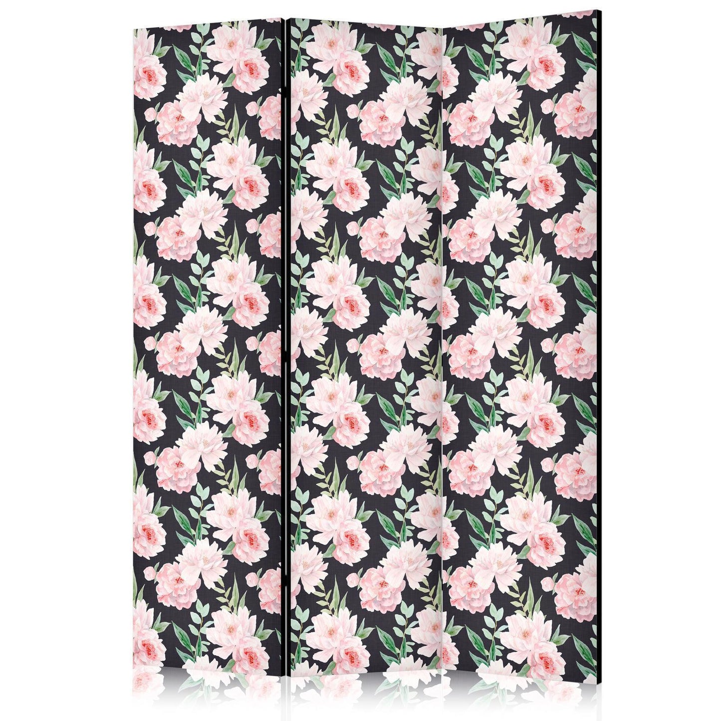 Paravent - Peonies - Pink Flowers and Green Leaves on a Graphite Background Artgeist