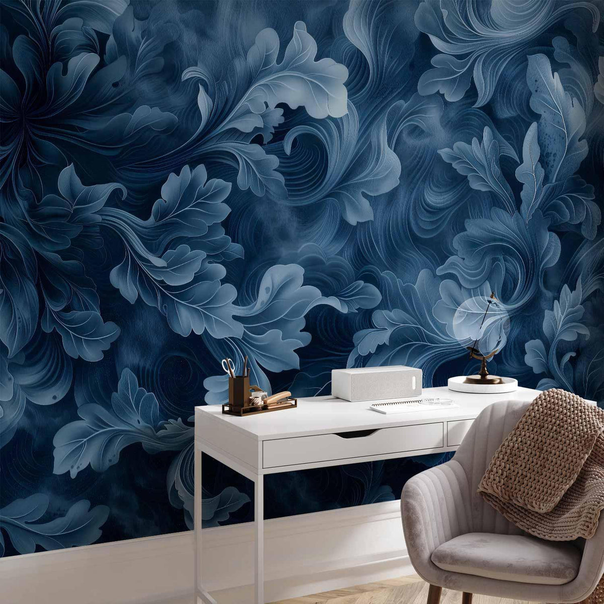 Fototapete - Abstract Ornaments: Dark Blue Victorian Leaves