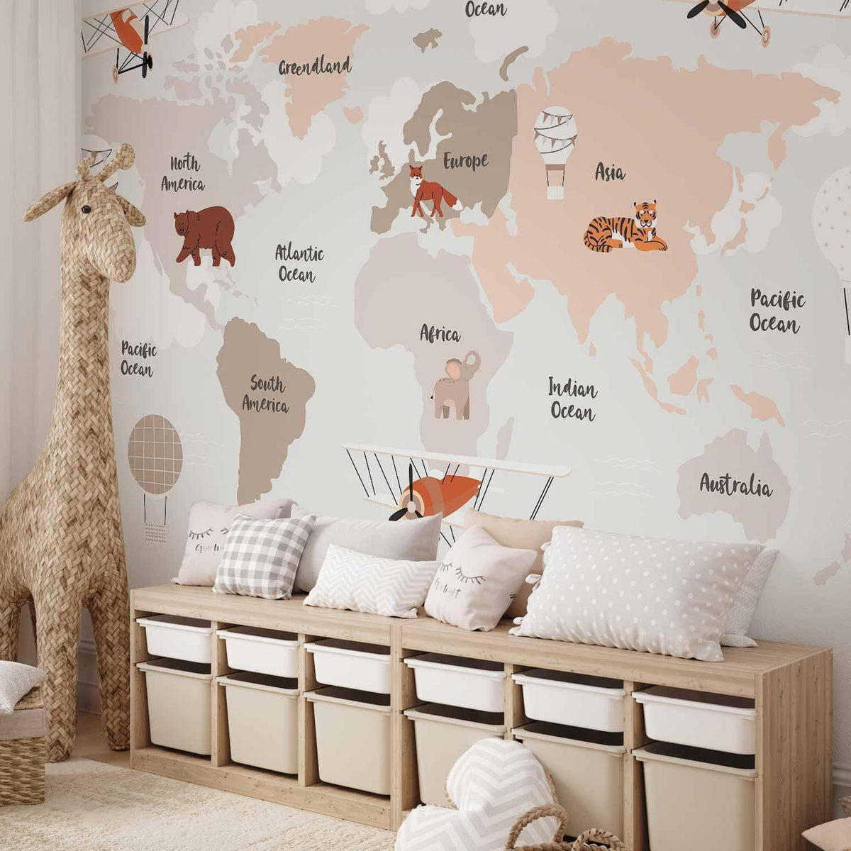 Fototapete - Map in Shades of Beige - Continents With Animals