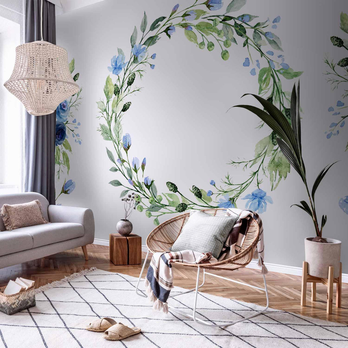 Fototapete - Romantic wreath - plant motif with blue flowers and leaves