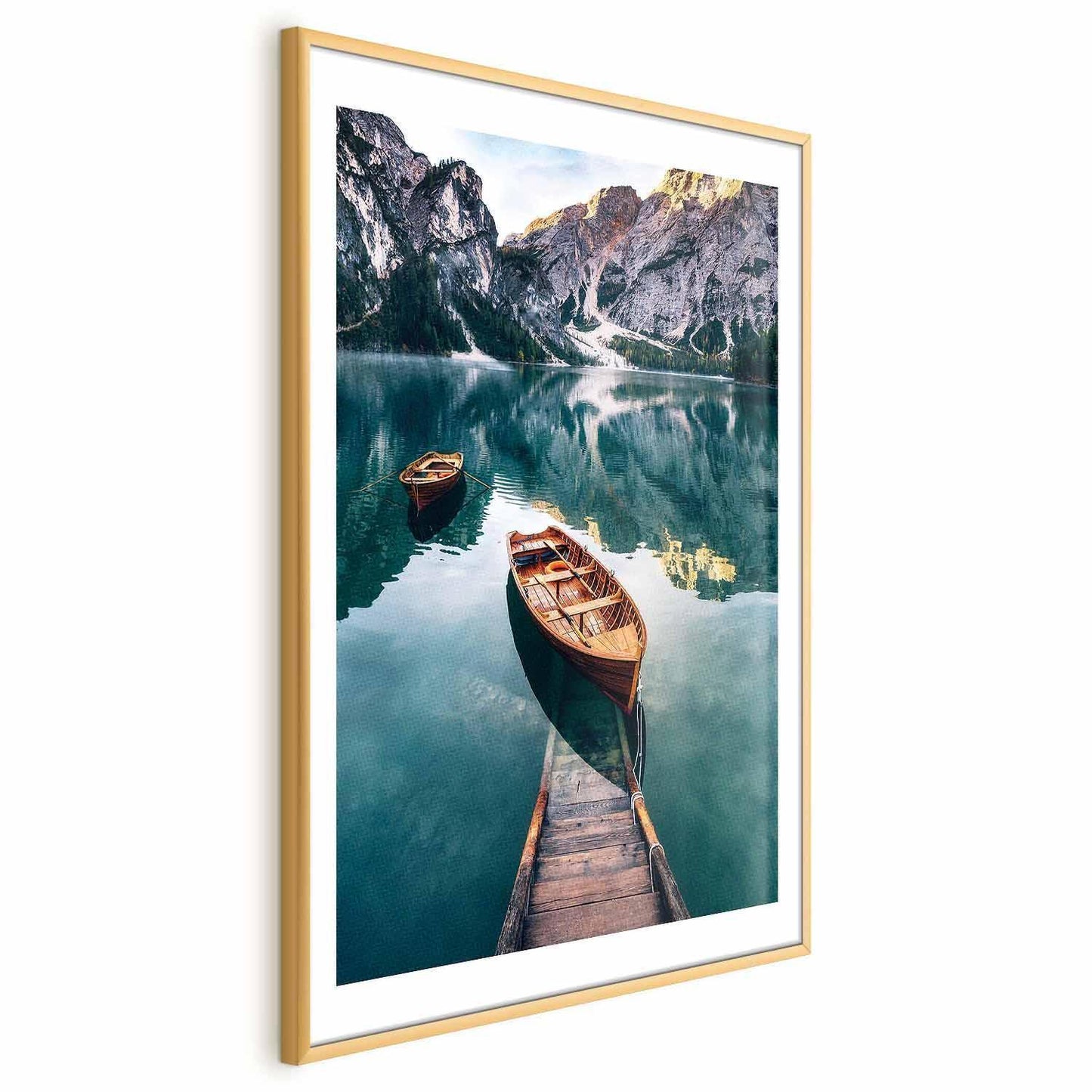 Poster featuring boats on a serene lake in the Dolomites with mountain backdrop.