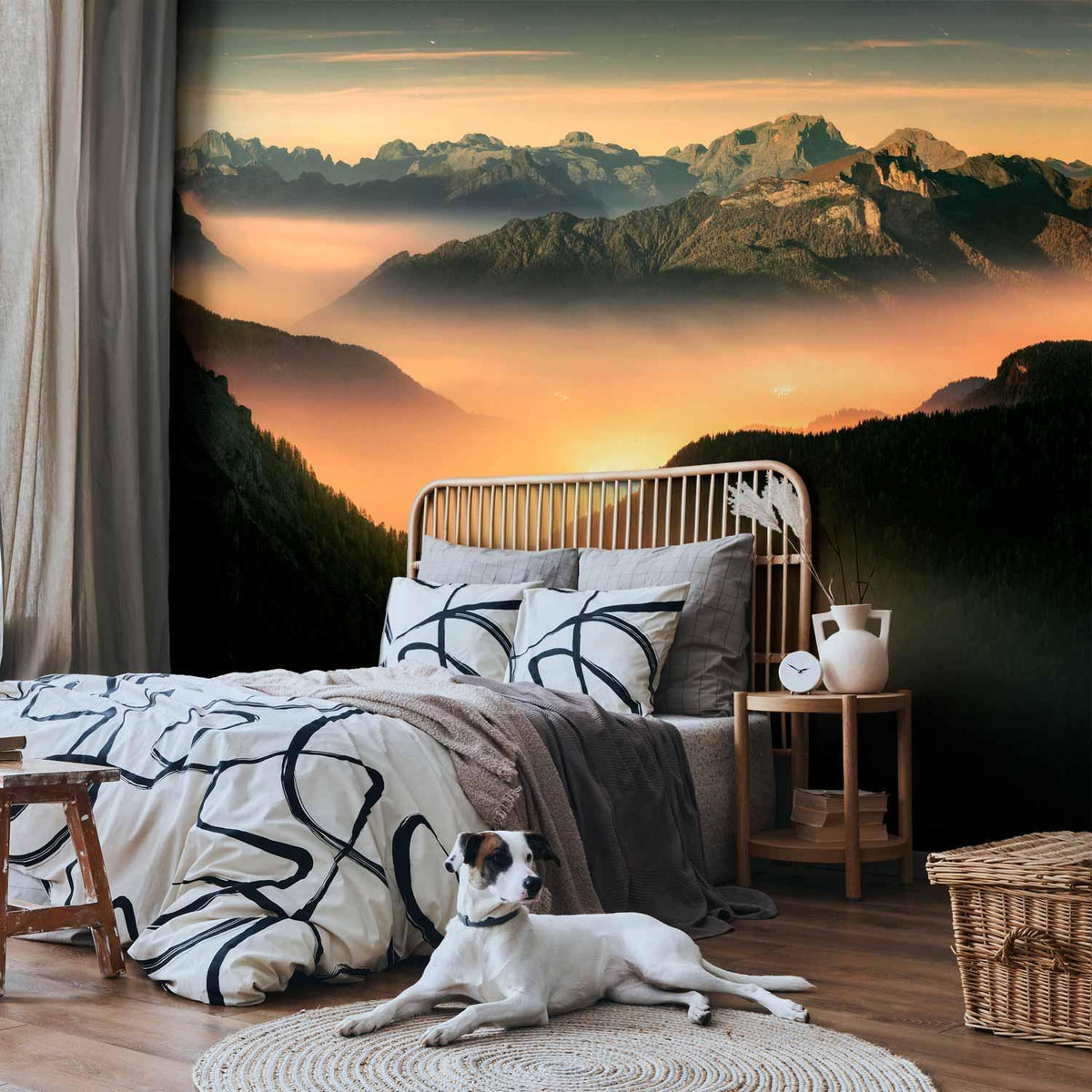 Fototapete Sonnige Berge – Berglandschaft mit Sonnennebel
