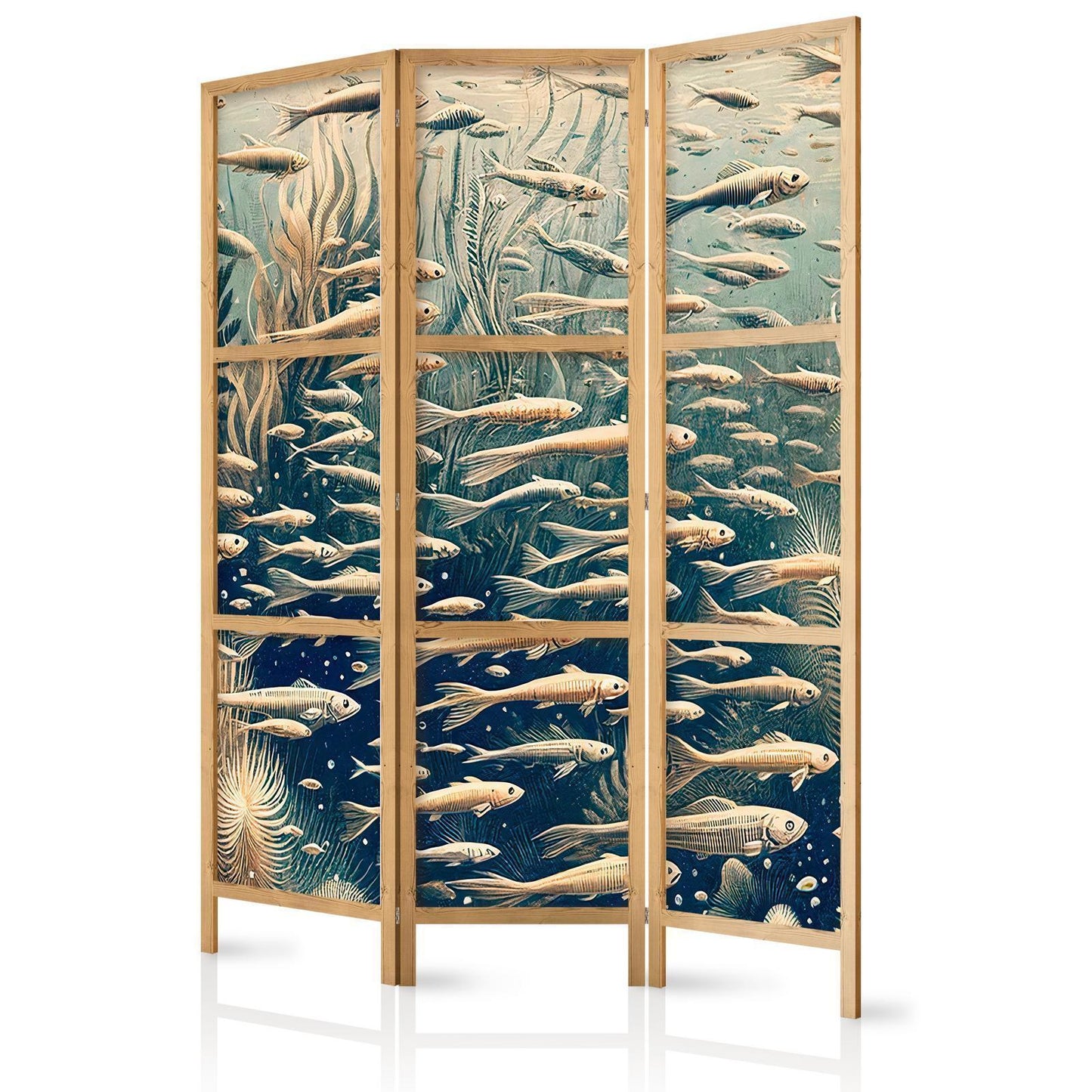 Japanischer Paravent - Life in the Ocean - Underwater World of Fish and Vegetation in Beige and Navy Retro Style Artgeist