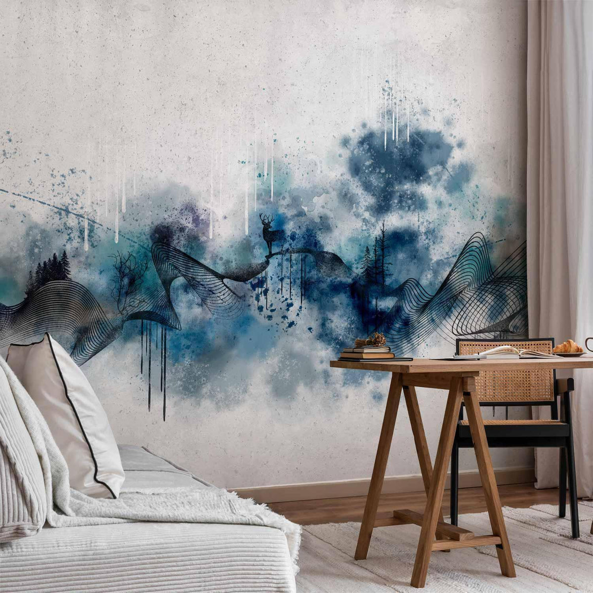 Fototapete - Abstract wave - minimalist composition with blue pattern
