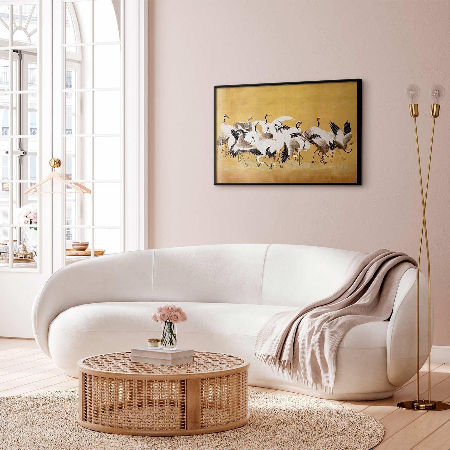 Japanese cranes poster with a flock of birds on a golden background inspired by Ishida Yūtei painting, displayed in a stylish living room.