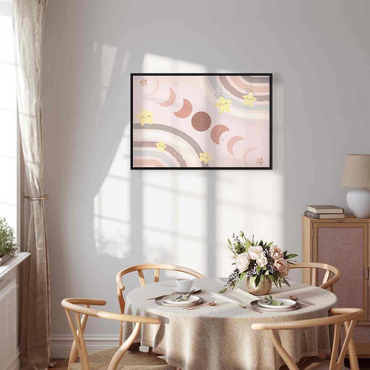 Leinwandbild - Joyful Sky - Yellow Cheerful Stars with a Rainbow Against the Phases of the Moon in a Light Beige Sky Hue Artgeist