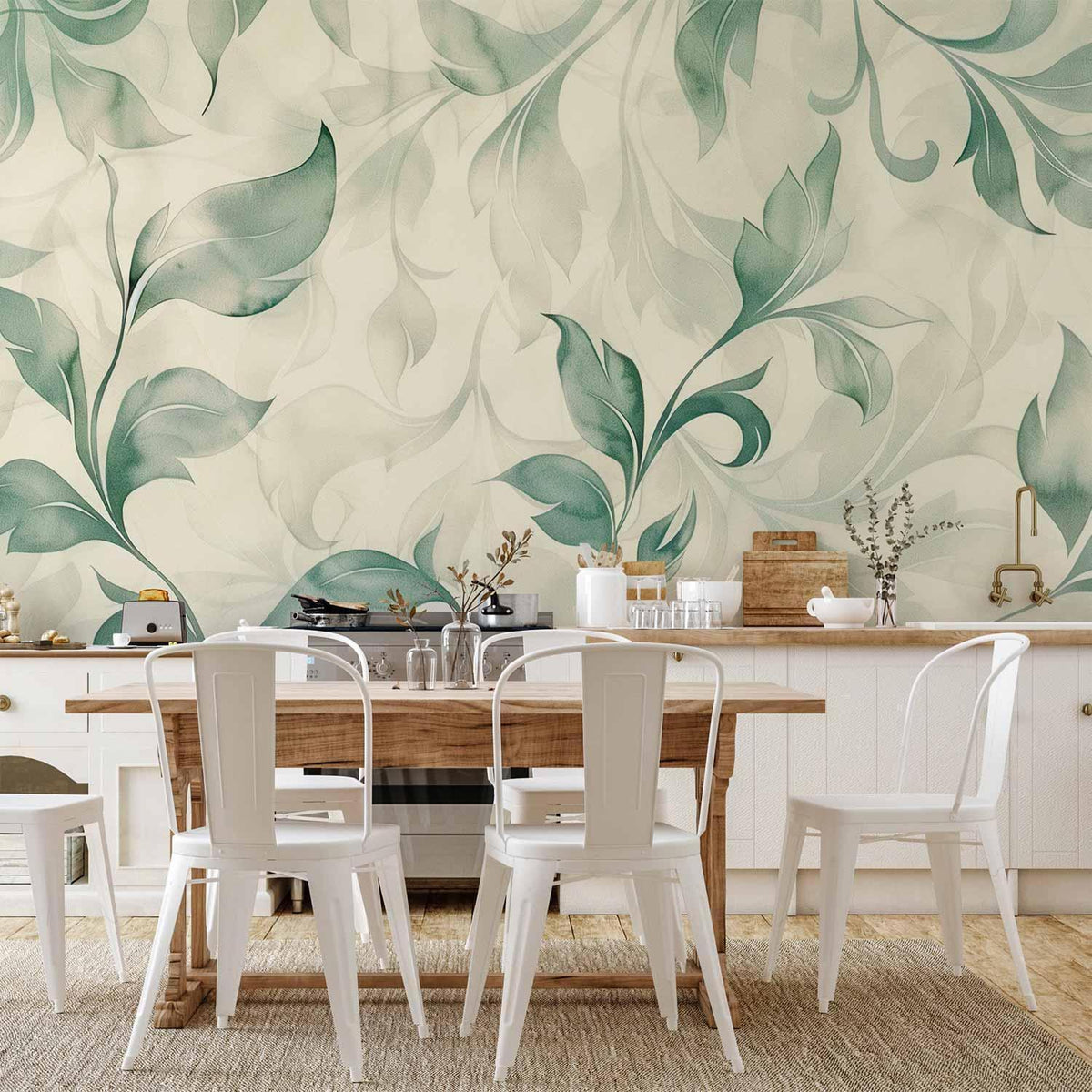 Fototapete - Watercolor Botanical Motif Delicate Green-Beige Leaves