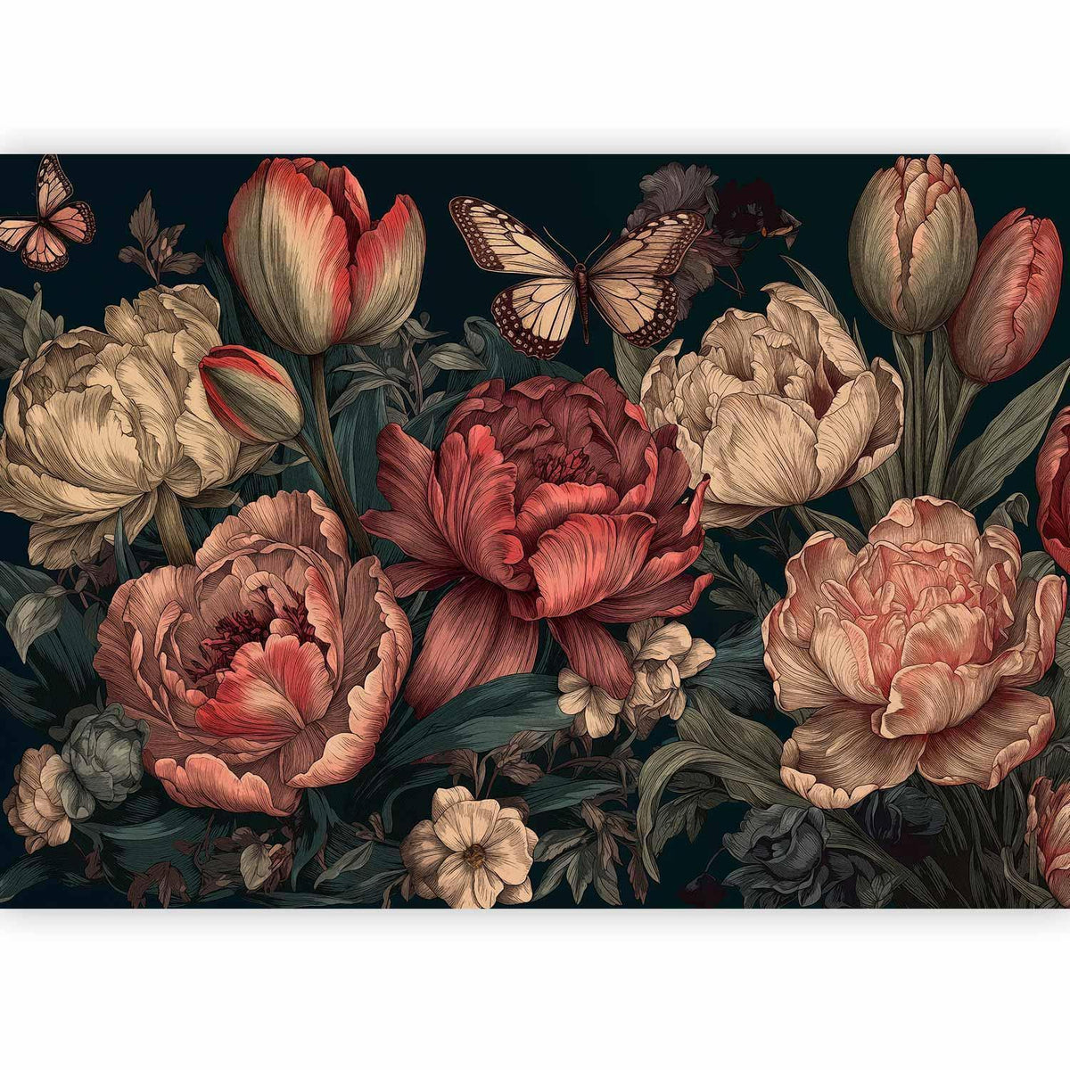 Fototapete Botanische Pracht – Pfingstrosen und Tulpen im Gravur-Stil