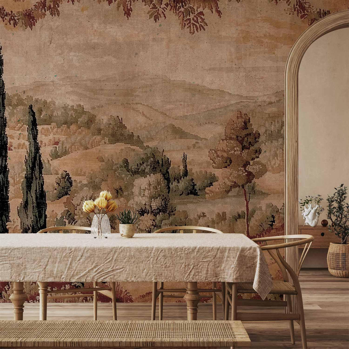Fototapete Mediterrane Landschaft – Alter Wandteppich mit Hügel und See