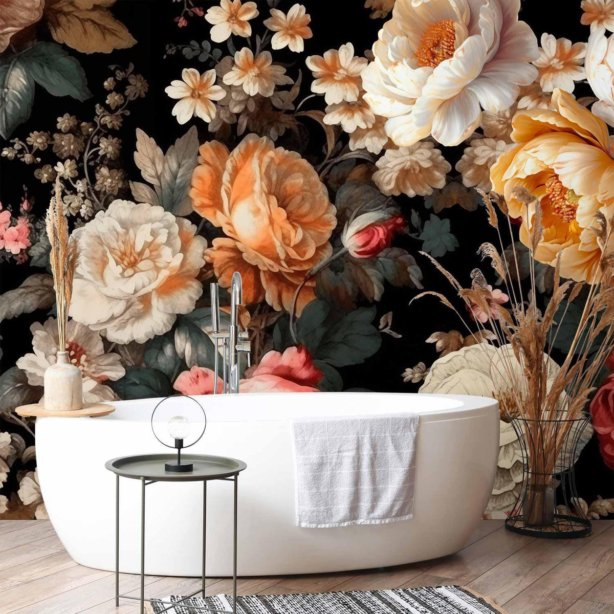Fototapete Blumen auf Schwarz – Üppige Blüten im flämischen Stil