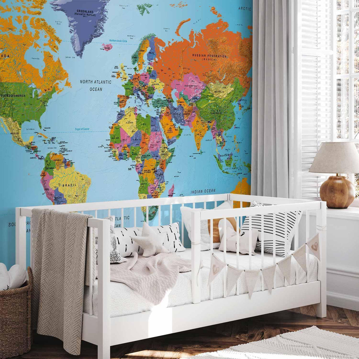 Fototapete Weltkarte Bunt - Moderne Geografie mit Kontinenten und Ozeanen