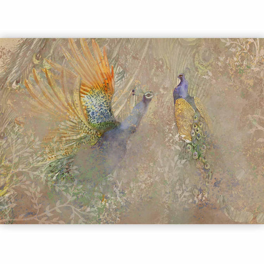 Fototapete - Peacocks in dance - bird motif among an abstract pattern with ornaments