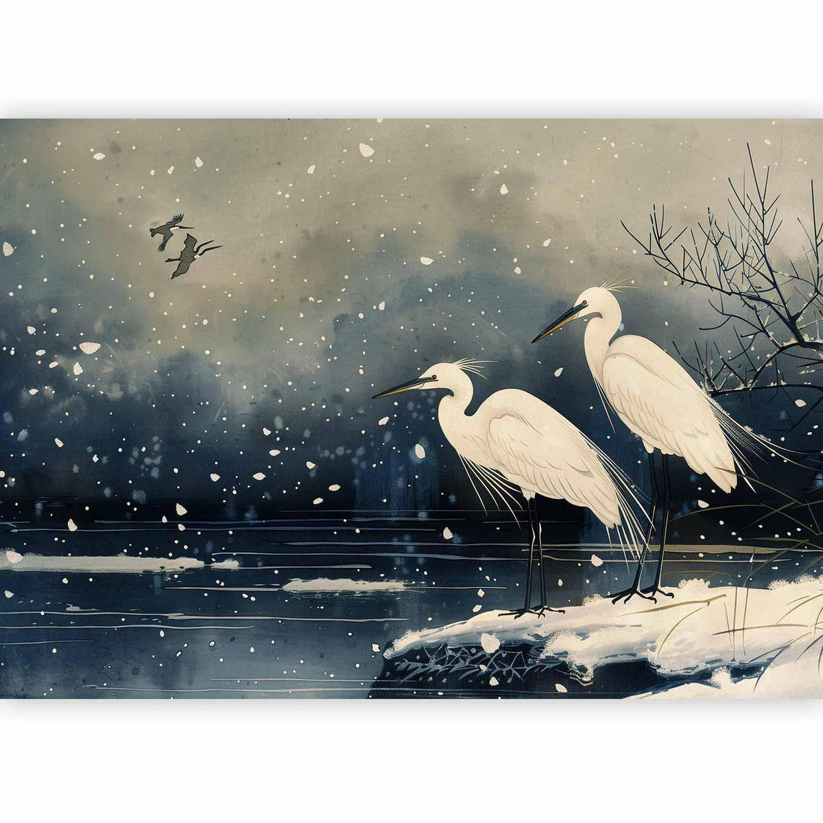 Fototapete Winterteich – weiße Reiher im japanischen Stil auf Dunkelblau