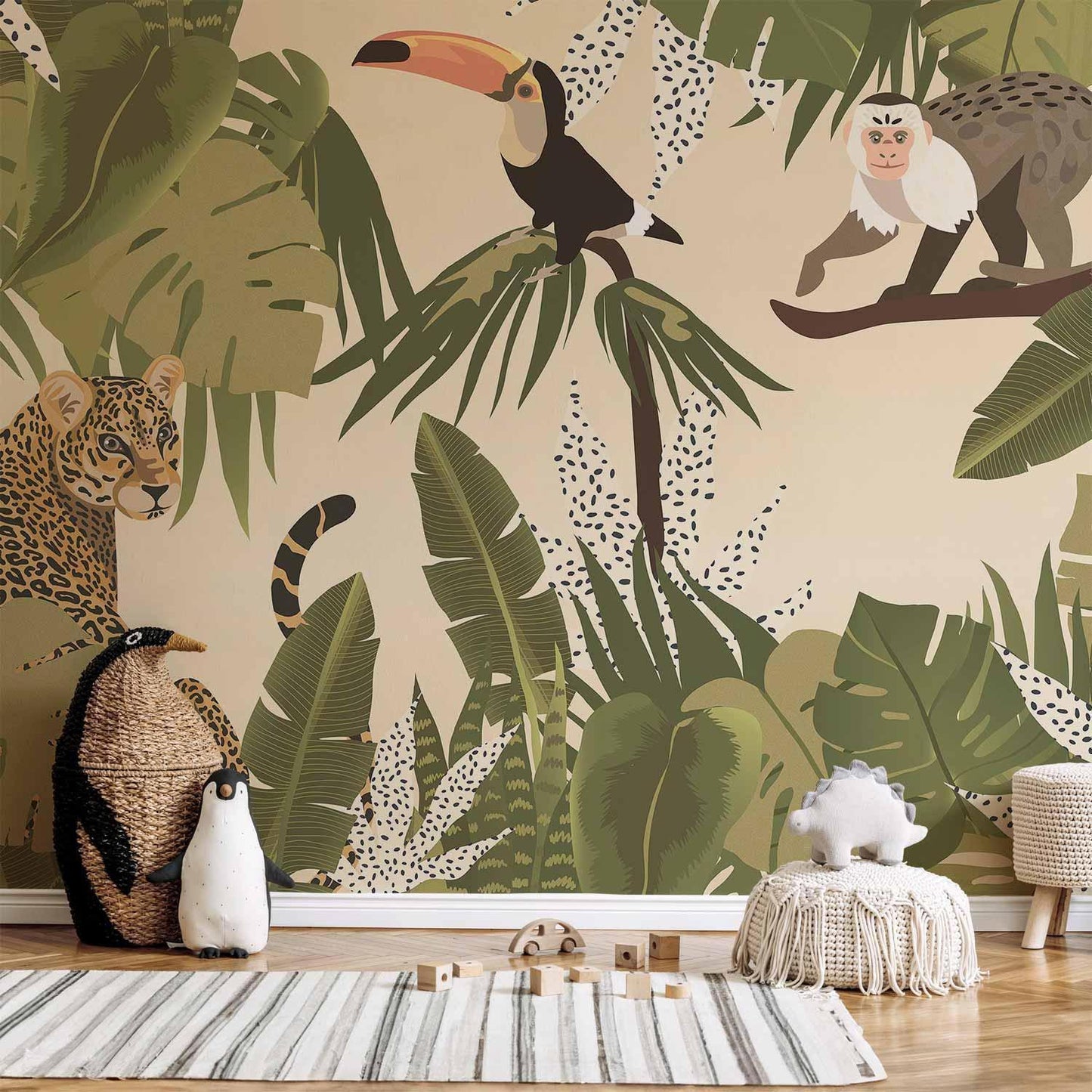 Fototapete - Leaves and Shapes - Jungle in Faded Colours With Animals Artgeist