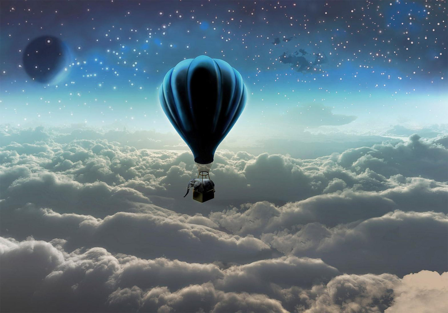 Fototapete „Sternenfahrt“ – Ballonreise mit Elefant über den Wolken